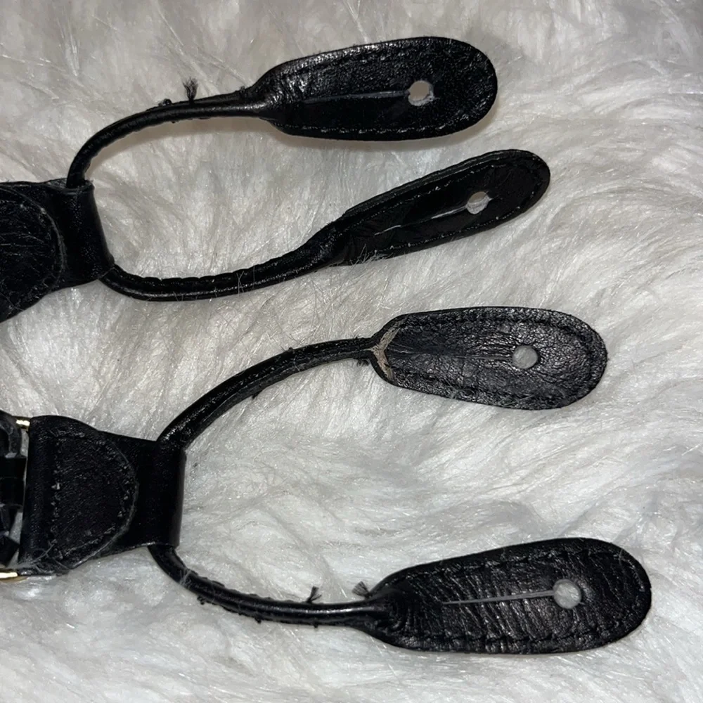 Black braided leather suspenders made in Haiti gold tone hardware